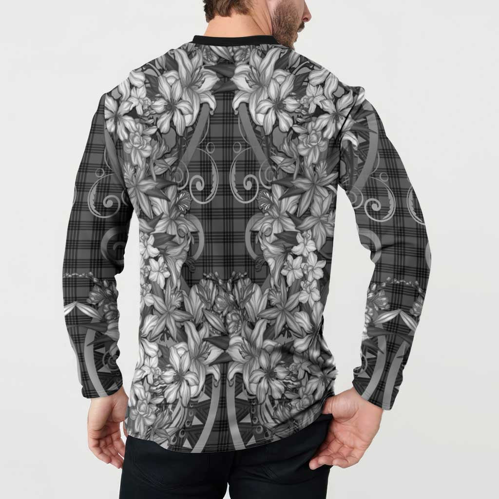 Hawaii Palaka Button Sweatshirt Black Tribal Pattern With Tropical Flowers LT05 - Polynesian Pride