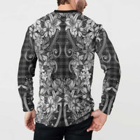 Hawaii Palaka Button Sweatshirt Black Tribal Pattern With Tropical Flowers LT05 - Polynesian Pride