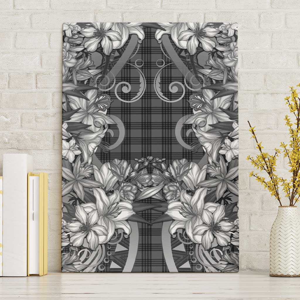 Hawaii Palaka Canvas Wall Art Black Tribal Pattern With Tropical Flowers LT05 Without Frame Black - Polynesian Pride