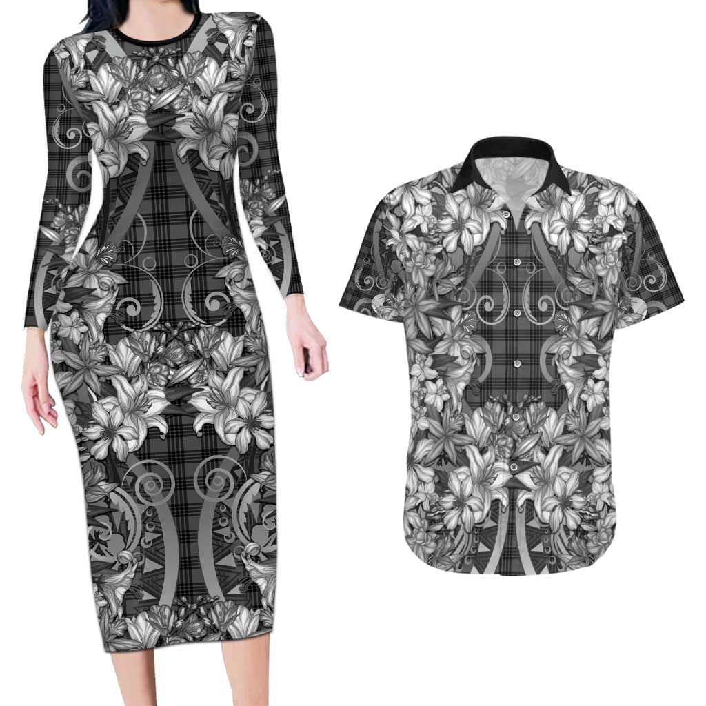 Hawaii Palaka Couples Matching Long Sleeve Bodycon Dress and Hawaiian Shirt Black Tribal Pattern With Tropical Flowers - Polynesian Pride