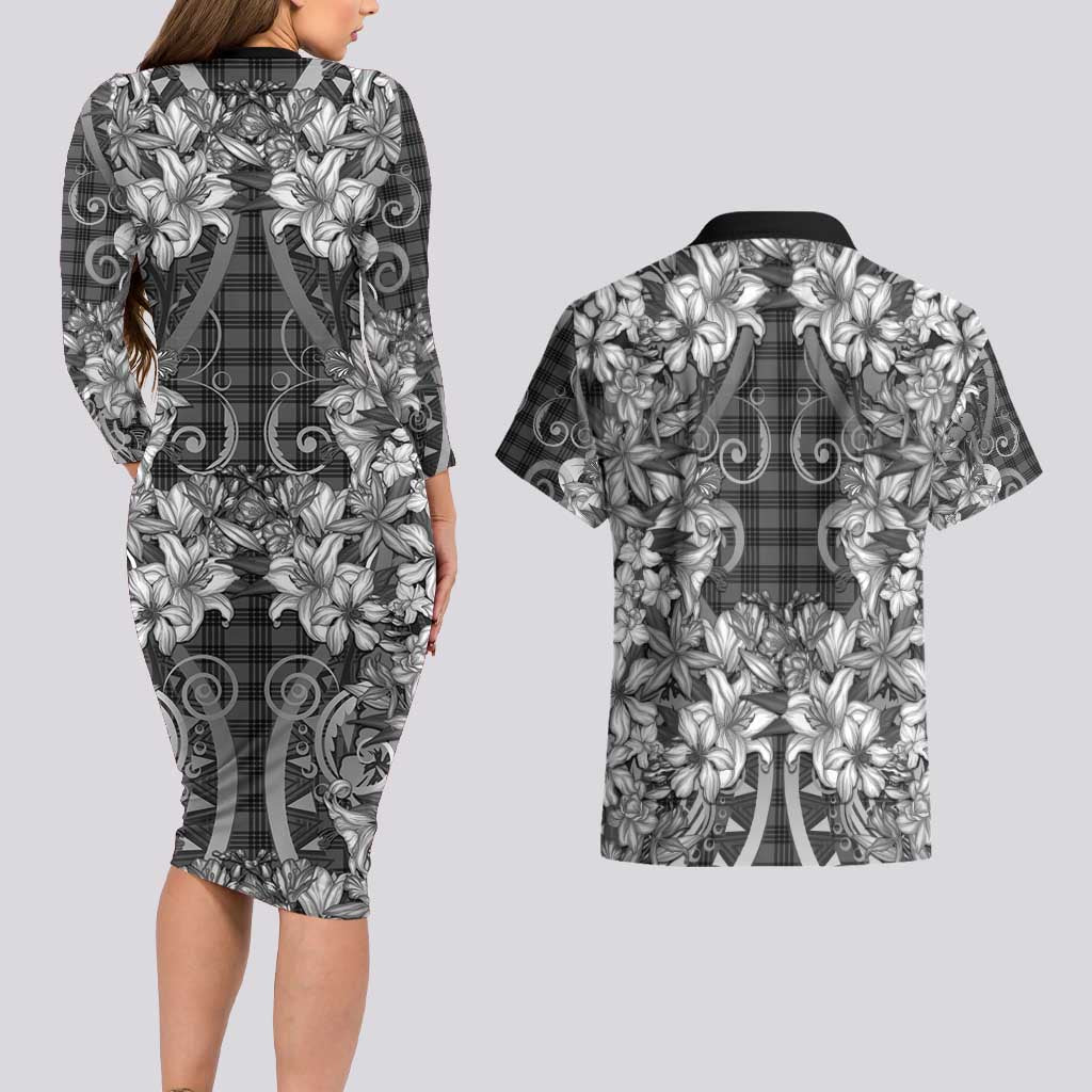 Hawaii Palaka Couples Matching Long Sleeve Bodycon Dress and Hawaiian Shirt Black Tribal Pattern With Tropical Flowers - Polynesian Pride