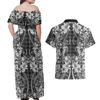 Hawaii Palaka Couples Matching Off Shoulder Maxi Dress and Hawaiian Shirt Black Tribal Pattern With Tropical Flowers - Polynesian Pride