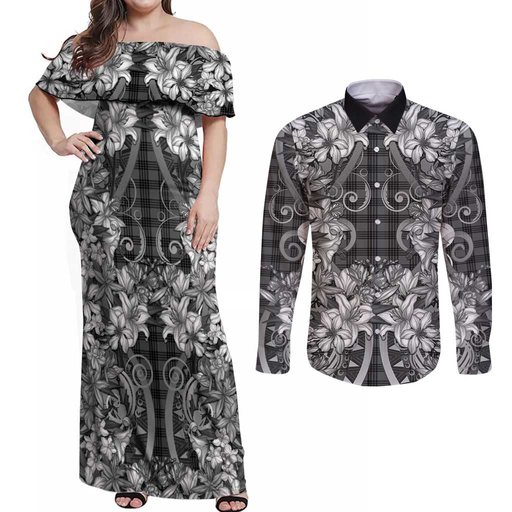 Hawaii Palaka Couples Matching Off Shoulder Maxi Dress and Long Sleeve Button Shirt Black Tribal Pattern With Tropical Flowers - Polynesian Pride