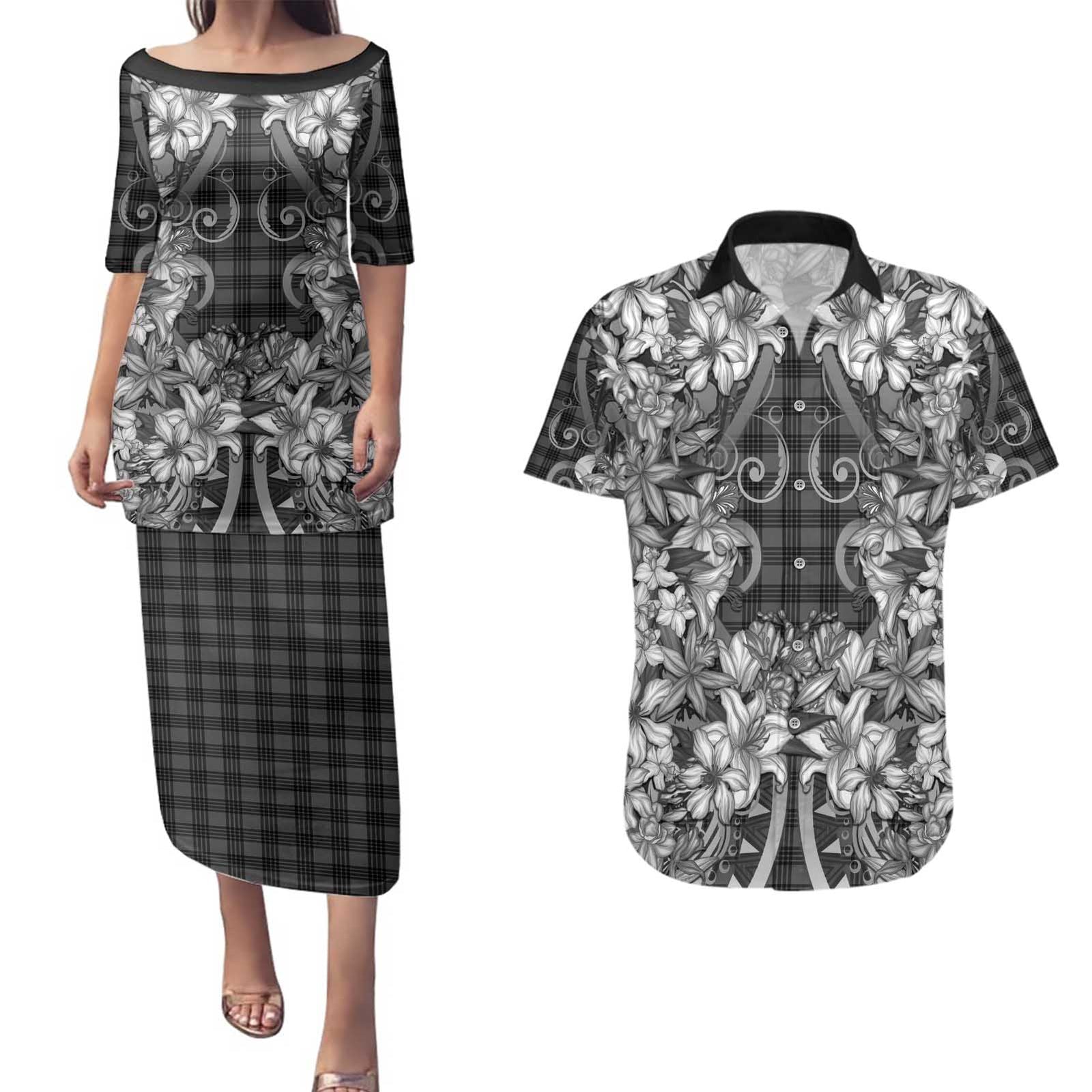 Hawaii Palaka Couples Matching Puletasi and Hawaiian Shirt Black Tribal Pattern With Tropical Flowers LT05 Black - Polynesian Pride