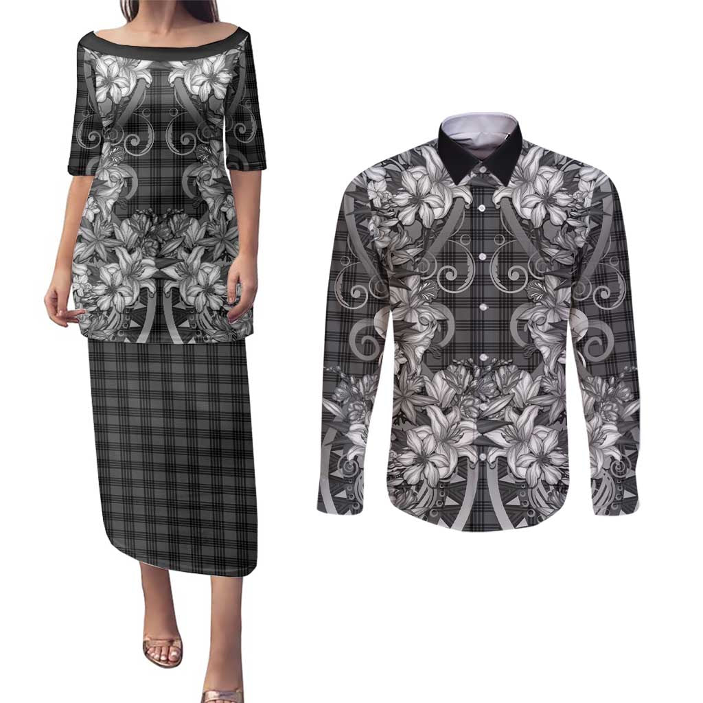 Hawaii Palaka Couples Matching Puletasi and Long Sleeve Button Shirt Black Tribal Pattern With Tropical Flowers LT05 Black - Polynesian Pride