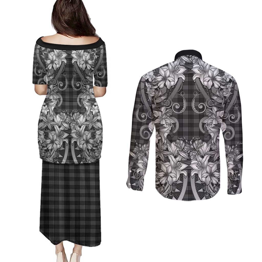 Hawaii Palaka Couples Matching Puletasi and Long Sleeve Button Shirt Black Tribal Pattern With Tropical Flowers LT05 - Polynesian Pride