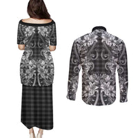 Hawaii Palaka Couples Matching Puletasi and Long Sleeve Button Shirt Black Tribal Pattern With Tropical Flowers LT05 - Polynesian Pride