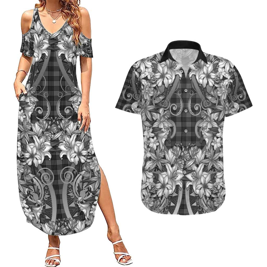Hawaii Palaka Couples Matching Summer Maxi Dress and Hawaiian Shirt Black Tribal Pattern With Tropical Flowers - Polynesian Pride