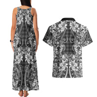 Hawaii Palaka Couples Matching Tank Maxi Dress and Hawaiian Shirt Black Tribal Pattern With Tropical Flowers - Polynesian Pride