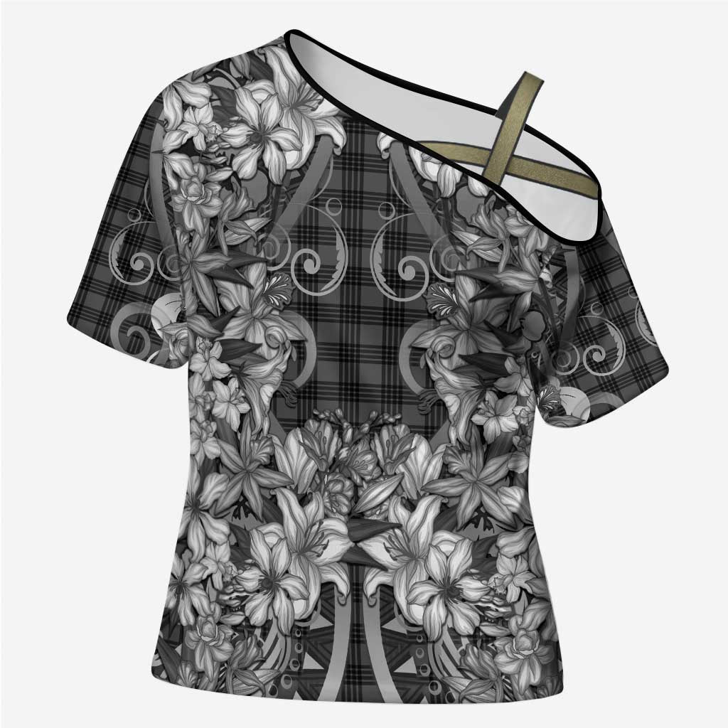 Hawaii Palaka Cross Shoulder Shirt Black Tribal Pattern With Tropical Flowers LT05 Female Black - Polynesian Pride