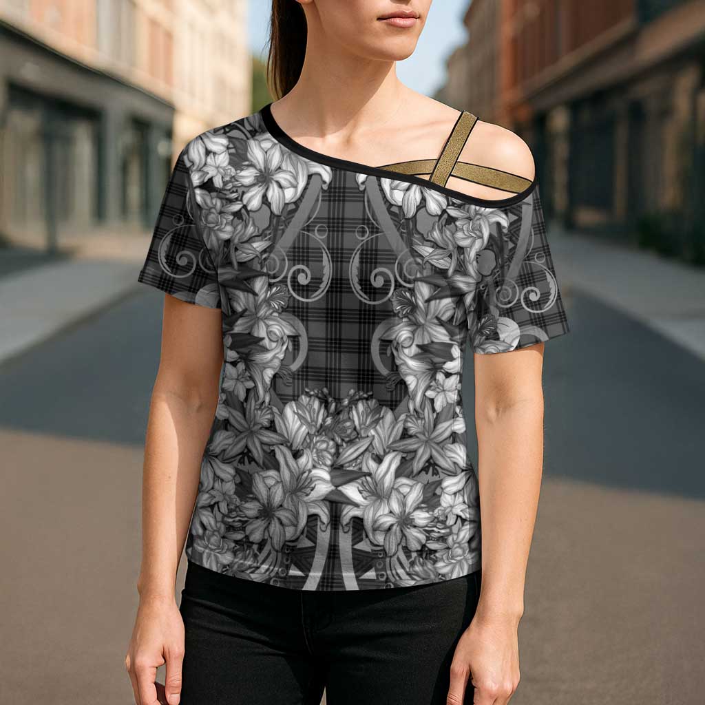 Hawaii Palaka Cross Shoulder Shirt Black Tribal Pattern With Tropical Flowers LT05 - Polynesian Pride