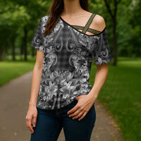 Hawaii Palaka Cross Shoulder Shirt Black Tribal Pattern With Tropical Flowers LT05 - Polynesian Pride