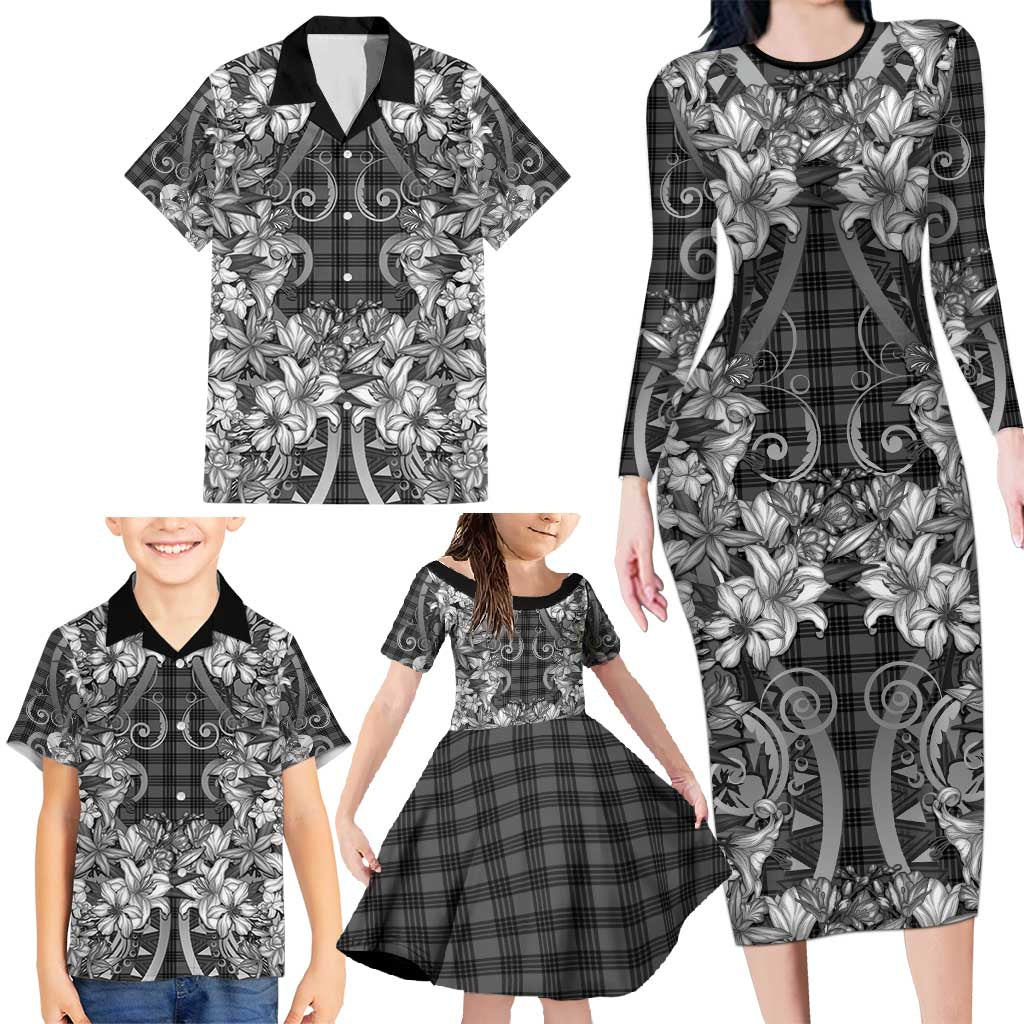 Hawaii Palaka Family Matching Long Sleeve Bodycon Dress and Hawaiian Shirt Black Tribal Pattern With Tropical Flowers - Polynesian Pride