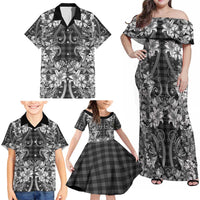 Hawaii Palaka Family Matching Off Shoulder Maxi Dress and Hawaiian Shirt Black Tribal Pattern With Tropical Flowers - Polynesian Pride