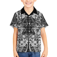 Hawaii Palaka Family Matching Off Shoulder Short Dress and Hawaiian Shirt Black Tribal Pattern With Tropical Flowers - Polynesian Pride