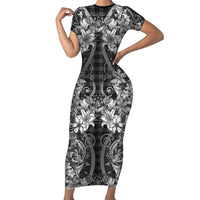Hawaii Palaka Family Matching Short Sleeve Bodycon Dress and Hawaiian Shirt Black Tribal Pattern With Tropical Flowers - Polynesian Pride