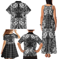 Hawaii Palaka Family Matching Tank Maxi Dress and Hawaiian Shirt Black Tribal Pattern With Tropical Flowers - Polynesian Pride