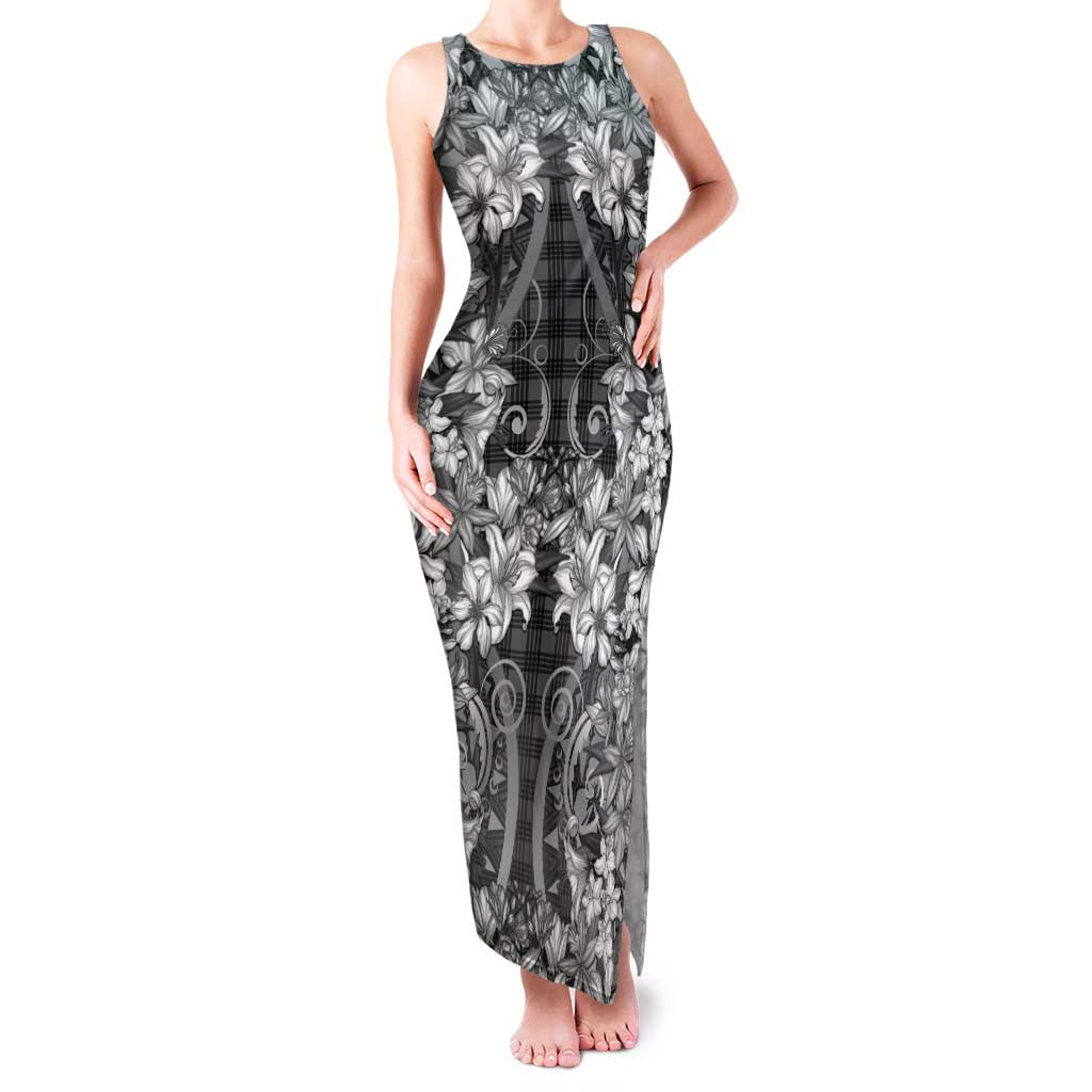 Hawaii Palaka Family Matching Tank Maxi Dress and Hawaiian Shirt Black Tribal Pattern With Tropical Flowers - Polynesian Pride