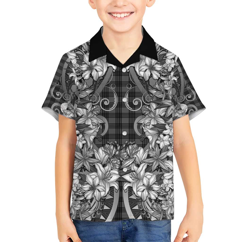 Hawaii Palaka Family Matching Tank Maxi Dress and Hawaiian Shirt Black Tribal Pattern With Tropical Flowers - Polynesian Pride