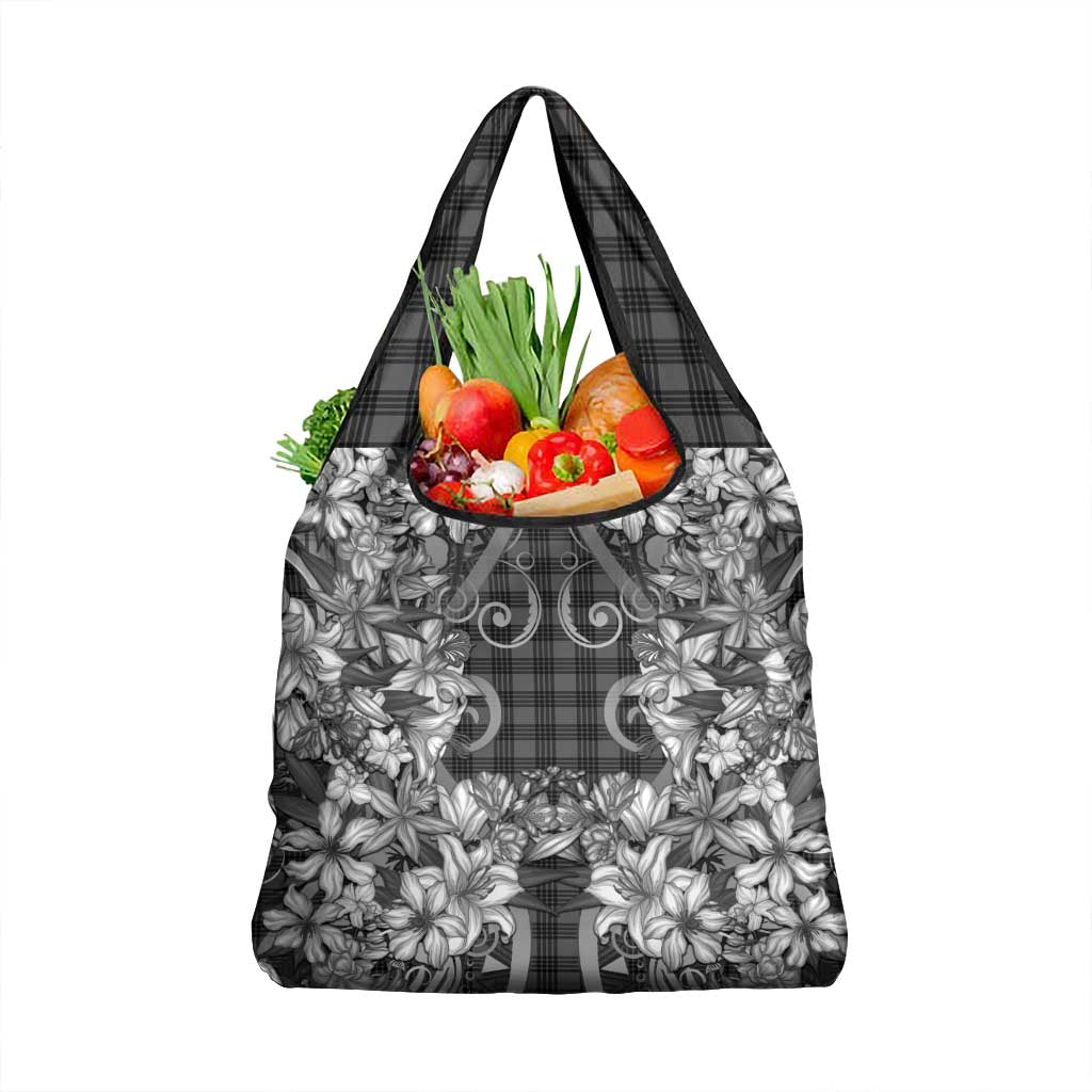 Hawaii Palaka Grocery Bag Black Tribal Pattern With Tropical Flowers - Polynesian Pride