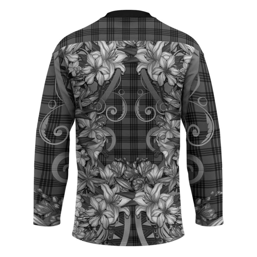 Hawaii Palaka Hockey Jersey Black Tribal Pattern With Tropical Flowers LT05 - Polynesian Pride