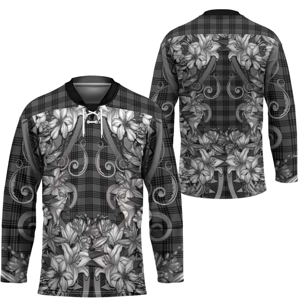 Hawaii Palaka Hockey Jersey Black Tribal Pattern With Tropical Flowers LT05 - Polynesian Pride
