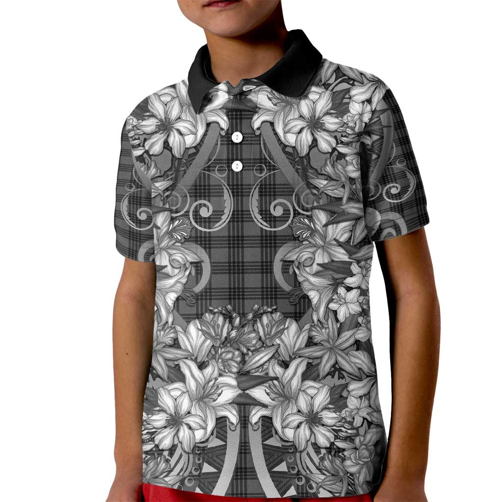 Hawaii Palaka Kid Polo Shirt Black Tribal Pattern With Tropical Flowers - Polynesian Pride