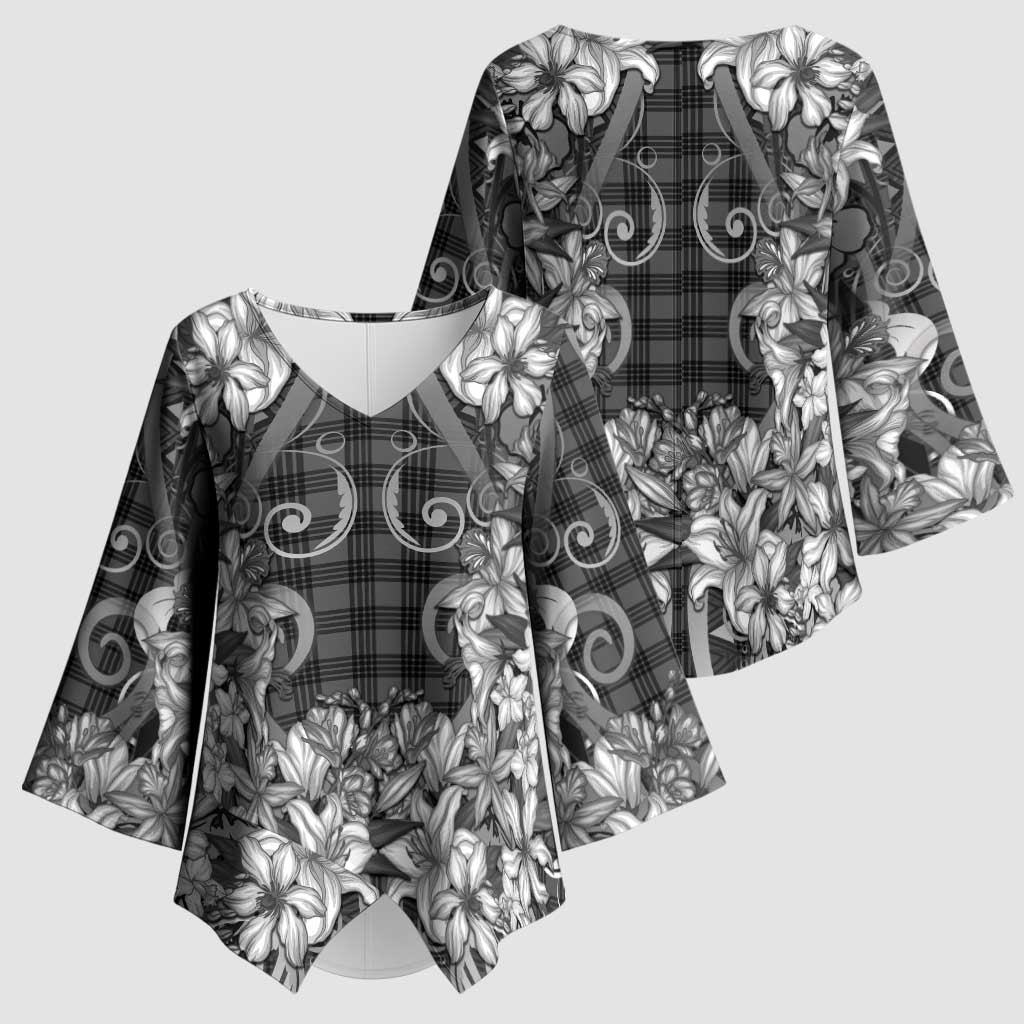 Hawaii Palaka Kimono Sleeve Blouse Black Tribal Pattern With Tropical Flowers LT05 - Polynesian Pride