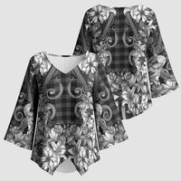 Hawaii Palaka Kimono Sleeve Blouse Black Tribal Pattern With Tropical Flowers LT05 - Polynesian Pride