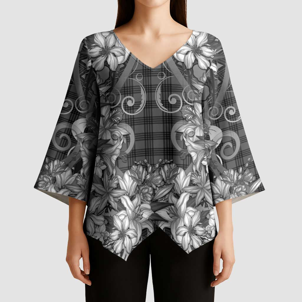 Hawaii Palaka Kimono Sleeve Blouse Black Tribal Pattern With Tropical Flowers LT05 - Polynesian Pride