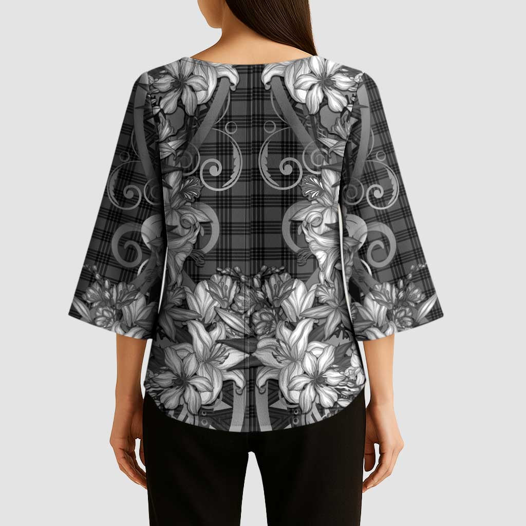 Hawaii Palaka Kimono Sleeve Blouse Black Tribal Pattern With Tropical Flowers LT05 - Polynesian Pride