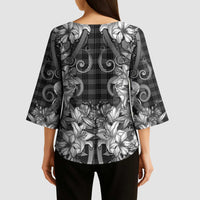 Hawaii Palaka Kimono Sleeve Blouse Black Tribal Pattern With Tropical Flowers LT05 - Polynesian Pride