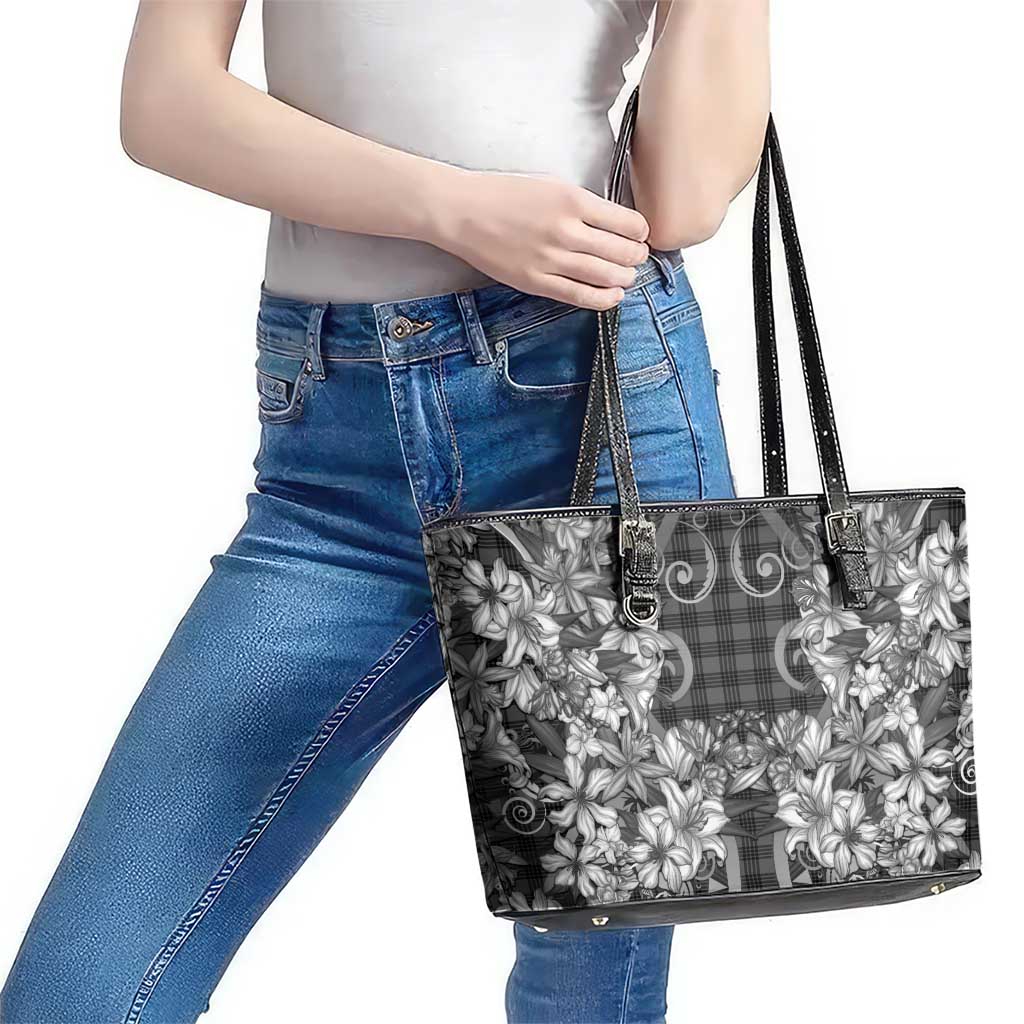 Hawaii Palaka Leather Tote Bag Black Tribal Pattern With Tropical Flowers - Polynesian Pride