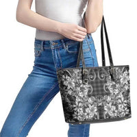 Hawaii Palaka Leather Tote Bag Black Tribal Pattern With Tropical Flowers - Polynesian Pride