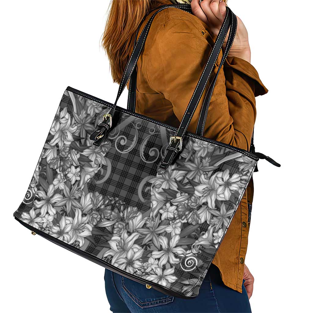 Hawaii Palaka Leather Tote Bag Black Tribal Pattern With Tropical Flowers - Polynesian Pride