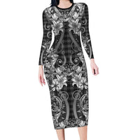 Hawaii Palaka Long Sleeve Bodycon Dress Black Tribal Pattern With Tropical Flowers - Polynesian Pride