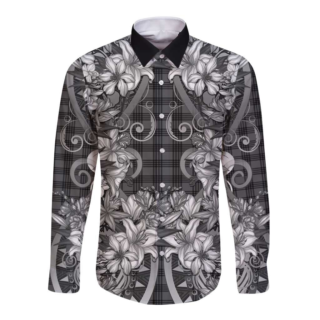 Hawaii Palaka Long Sleeve Button Shirt Black Tribal Pattern With Tropical Flowers LT05 Unisex Black - Polynesian Pride