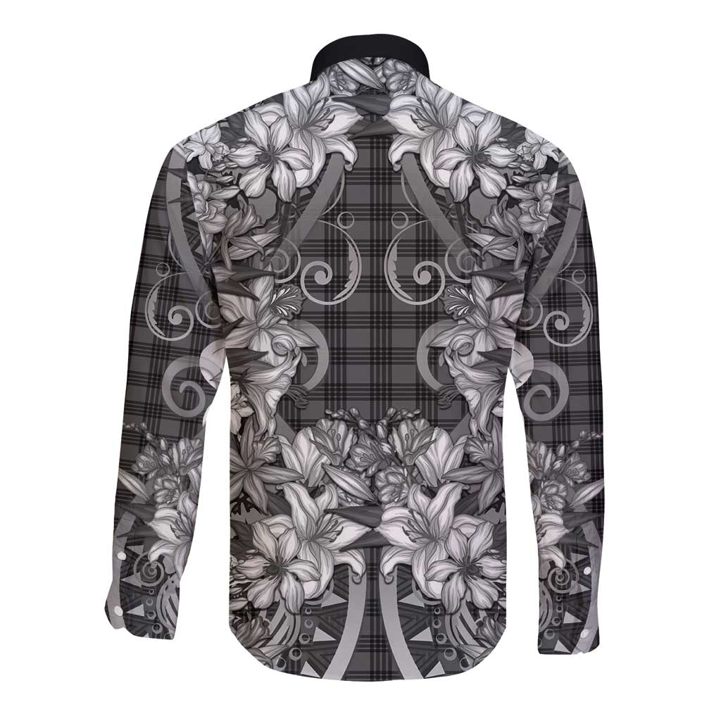 Hawaii Palaka Long Sleeve Button Shirt Black Tribal Pattern With Tropical Flowers LT05 - Polynesian Pride