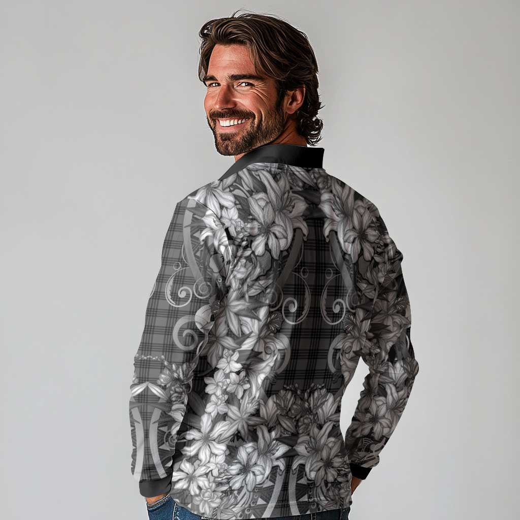 Hawaii Palaka Long Sleeve Polo Shirt Black Tribal Pattern With Tropical Flowers LT05 - Polynesian Pride