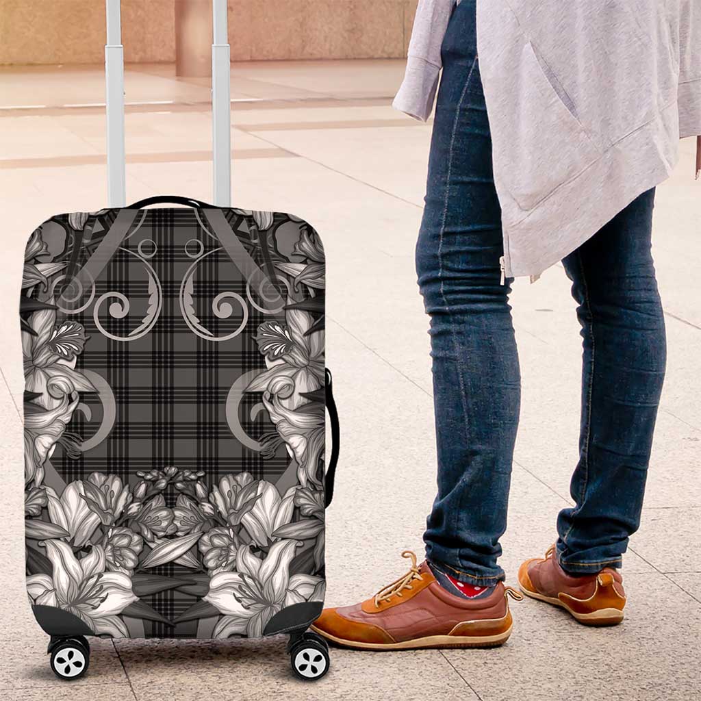 Hawaii Palaka Luggage Cover Black Tribal Pattern With Tropical Flowers - Polynesian Pride