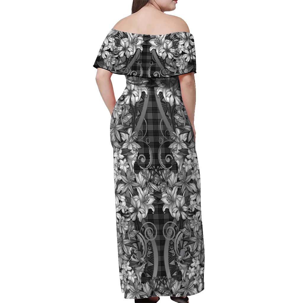 Hawaii Palaka Off Shoulder Maxi Dress Black Tribal Pattern With Tropical Flowers - Polynesian Pride