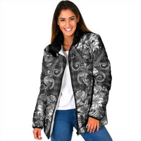Hawaii Palaka Padded Jacket Black Tribal Pattern With Tropical Flowers LT05 Women Black - Polynesian Pride