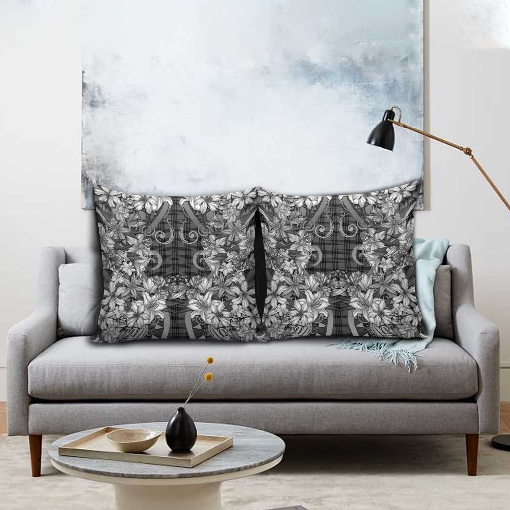 Hawaii Palaka Pillow Cover Black Tribal Pattern With Tropical Flowers - Polynesian Pride