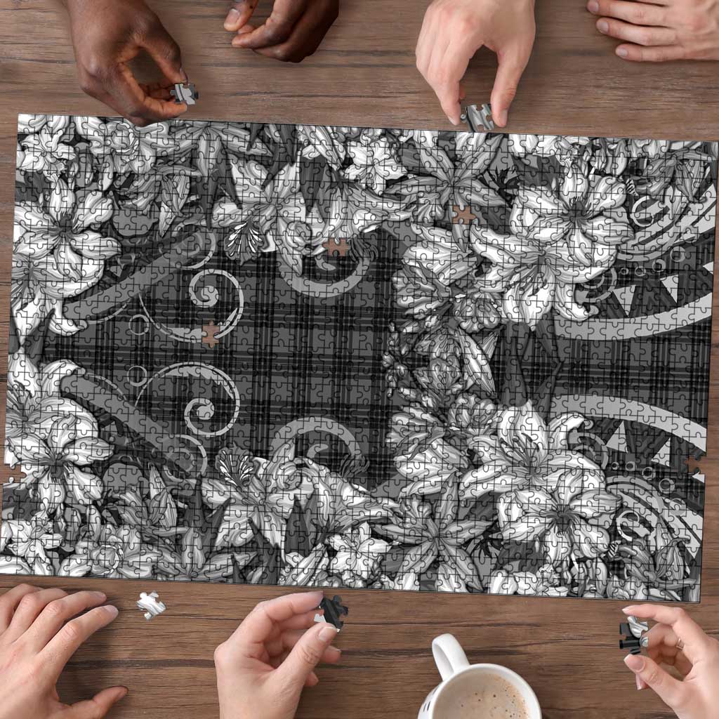 Hawaii Palaka Puzzle Black Tribal Pattern With Tropical Flowers LT05 - Polynesian Pride