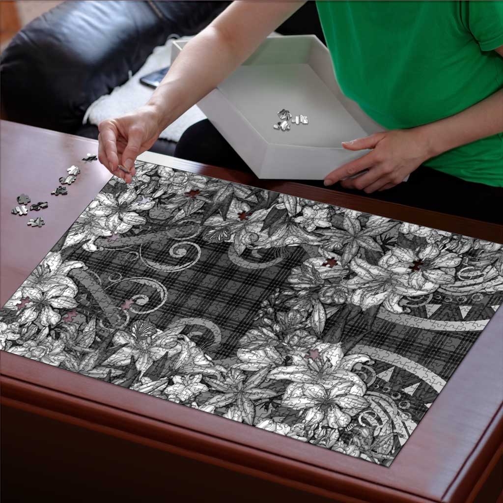 Hawaii Palaka Puzzle Black Tribal Pattern With Tropical Flowers LT05 - Polynesian Pride