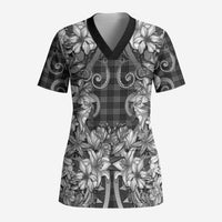 Hawaii Palaka Scrub Top Black Tribal Pattern With Tropical Flowers - Polynesian Pride