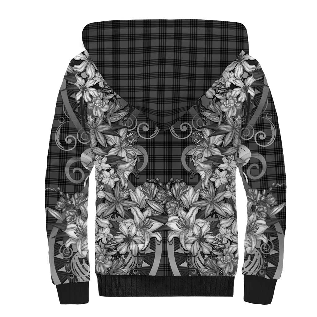 Hawaii Palaka Sherpa Hoodie Black Tribal Pattern With Tropical Flowers LT05 - Polynesian Pride