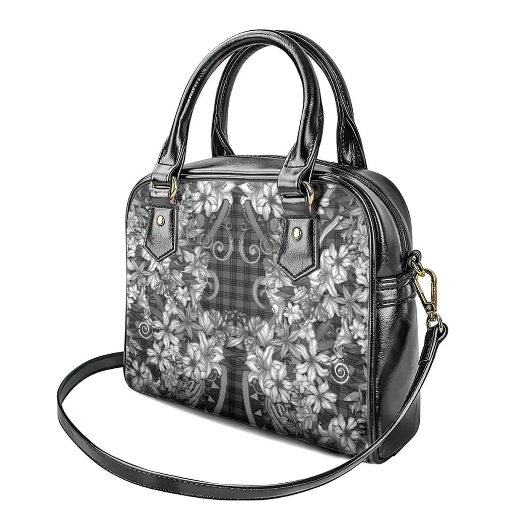 Hawaii Palaka Shoulder Handbag Black Tribal Pattern With Tropical Flowers - Polynesian Pride