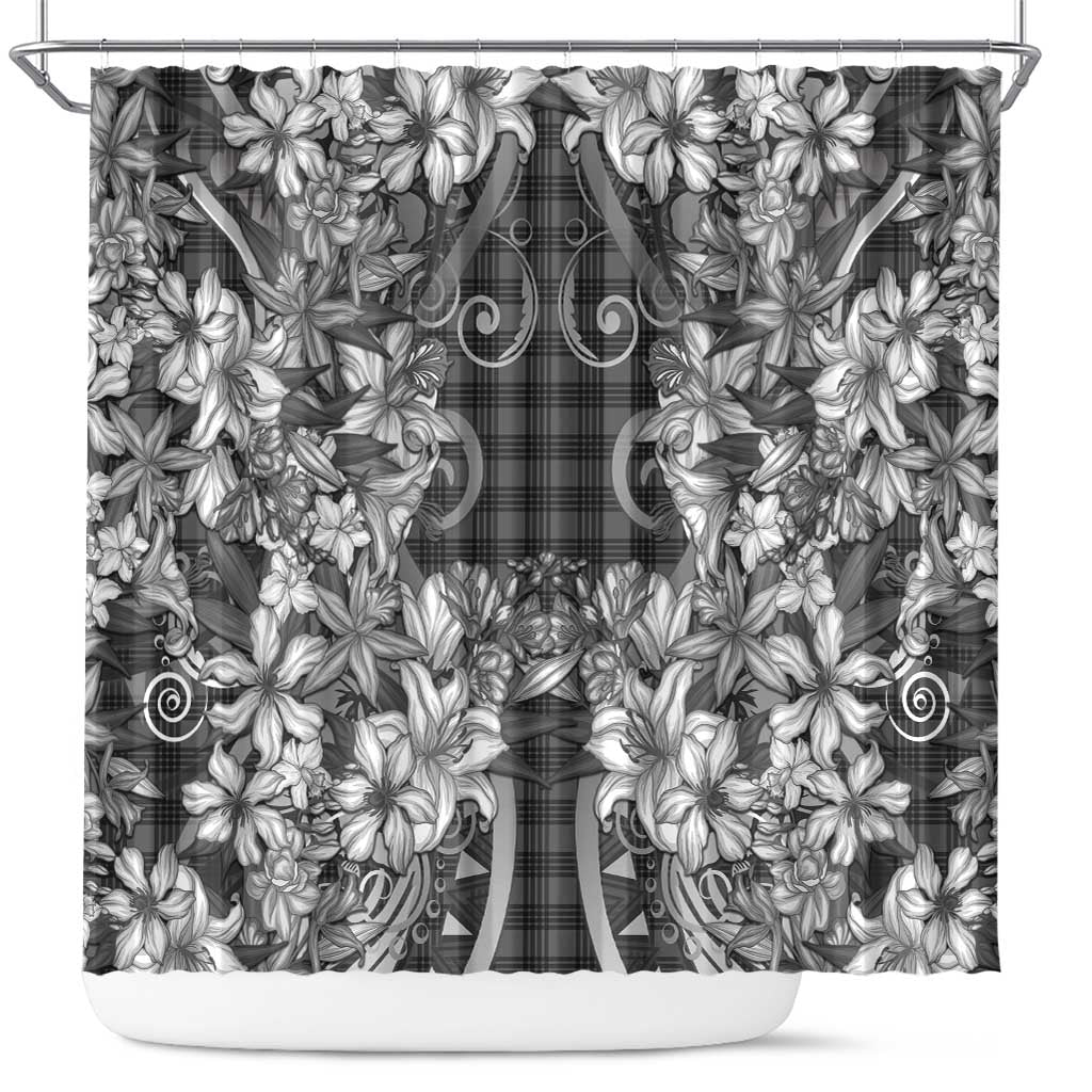 Hawaii Palaka Shower Curtain Black Tribal Pattern With Tropical Flowers - Polynesian Pride