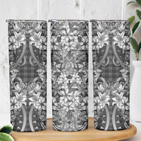 Hawaii Palaka Skinny Tumbler Black Tribal Pattern With Tropical Flowers - Polynesian Pride